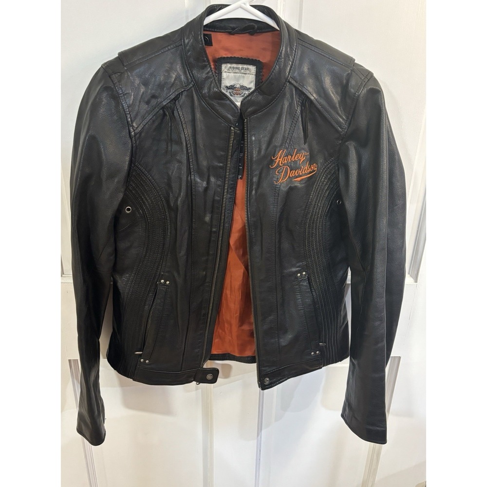 Harley Davidson Moxie Black Orange Rhinestones Riding Jacket Womens - Picture 1 of 8